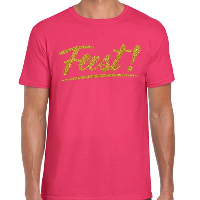 Party T-shirt heren - roze - Feest! - glitter goud - Glitter en Glamour - thema feest