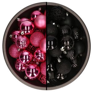 74x stuks kunststof kerstballen mix zwart en fuchsia roze 6 cm