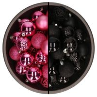 74x stuks kunststof kerstballen mix zwart en fuchsia roze 6 cm - thumbnail