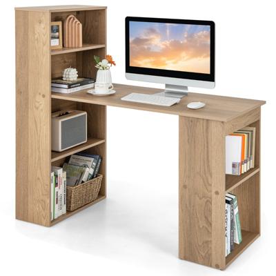 Computerbureau met Boekenkast Modern Compact 120 cm Bureau met 6-Vaks Opbergplanken Omkeerbare Studietafel met Breed Onderstel