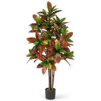 Kunstplant 150 cm Kunstplant Kroton Palmboom met Kleurrijke Bladeren en Natuurlijke Houten Stam Kunstboom in Pot Tropische Palm