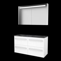 Basic-Line Premium 46 badkamermeubelset - 120x46cm - met grepen - 4 lades - hardsteen wastafel - 2 kraangaten - Spiegelkast - geintegreerde LED verlichting - MDF lak Ice White 1813417