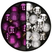 Kleine kerstballen - 28x st - zilver en paars - 3 cm - kunststof - Kerstbal