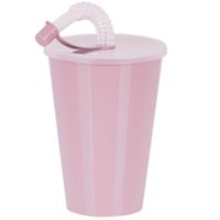 Drinkbeker met deksel en rietje - licht roze - kunststof - 450 ml - 12 x 9 cm