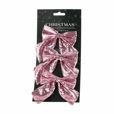 Kerststrik Pailletten Roze 3st