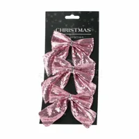 Kerststrik Pailletten Roze 3st