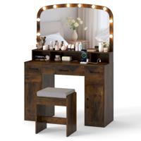 Make-up Tafel met Make-up Kruk & 3 Lichtkleuren LED-spiegel & Oplaadstation Kaptafel Bruin