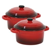 Mini stoofpannetje - Set van 10x stuks - ovenschaaltje - rood - 9 cm - porselein - serveerschaaltje