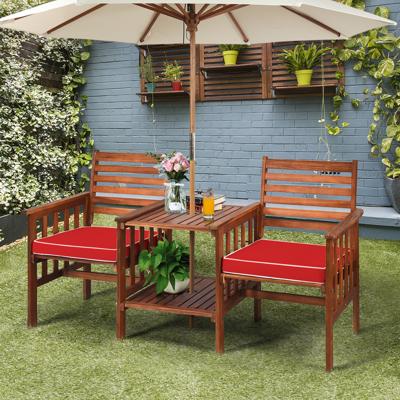 Tuinbank Hout met Dubbele Zitting en Bijzettafel Houten Bank tot 350 kg Zitbank Incl. Kussen & Parasolgat Acaciahout Kwaliteit Wit/Rood