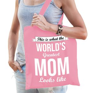 Bellatio Decorations Moederdag cadeau tas - world's greatest mom - roze - katoen - 42 x 38 cm   -