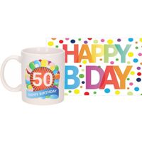 Verjaardag cadeau mok/beker 50 jaar print 300 ml + A5-size wenskaart Happy Birthday - thumbnail