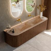 Badmeubel Mondiaz Kurve-Dlux | 170 cm | Meubelkleur Walnut | Wastafelkleur Arena | Solid surface | Wasbak beide zijden spoelbak | Zonder kraangat(en)