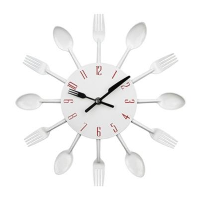 Bestek metalen keuken Wandklok lepel vork creatieve kwarts muur gemonteerde klokken modern design decoratieve horloge wit
