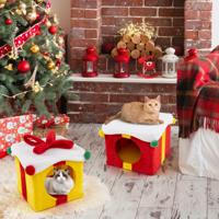 Twee Verdiepingen Tellend Kerstkattenhuis Stapelbare Geschenkdoosvormige Kattenunits met Strik Modern en Warm Kattenbed
