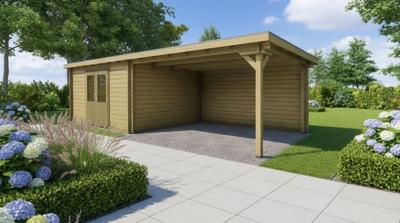 Classicline Blokhut Friesland vuren groen geïmpregneerd 400x300 cm + overkapping 400 cm- Lessenaarsdak- - Van Kooten Classicline Blokhut Friesland vuren groen geïmpregneerd 400x300 cm + overkapping 400 cm- Lessenaarsdak- - Van Kooten