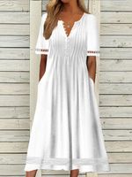 Plain Short Sleeve Buckle Hollow Out Lace Casual Dress - thumbnail