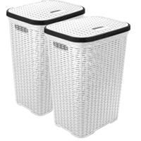 Wasmand met deksel Rotan - 2x - wit - gevlochten kunststof - 60 liter - 34 x 43 x 62 cm