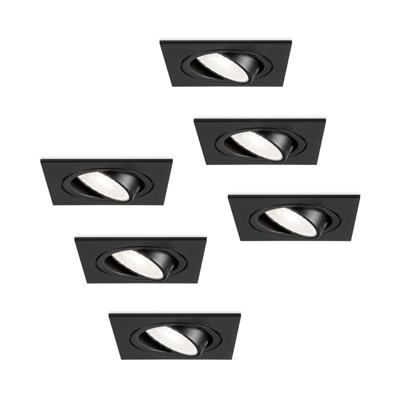 Set van 6 Mallorca LED inbouwspot - IP20 - Kantelbaar - 5 Watt 400 Lumen - 6000K Daglicht wit - GU10 - Dimbaar - Vierkant - Voor binnen - Zwart