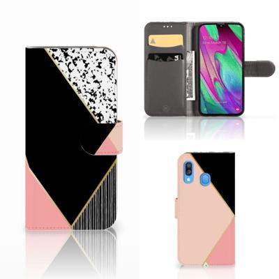 Samsung Galaxy A40 | Book Case | Zwart Roze Vormen | Portemonnee hoesje