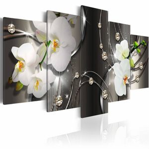 Schilderij - Orchidee , 5 luik, Grijs/Wit/Oranje, 2 maten, Premium print