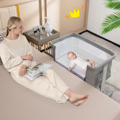 3-in-1 Baby Wiegje met 5-Standen Verstelbare Hoogte 10° Kanteling Draagbaar Wiegje voor Baby & Kind Beige/Grijs/Lichtgrijs