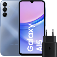 Samsung Galaxy A15 128GB Blauw 4G + Samsung Oplader 25 Watt Zwart - thumbnail