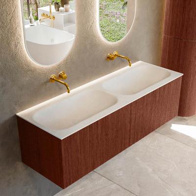 Badmeubel Mondiaz Kurve | 140 cm cm | Meubelkleur Ruby | Wastafelkleur Talc | Solid surface | Wasbak beiden zijden spoelbak | Zonder kraangat(en)