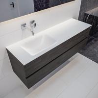 Mondiaz Vica Cloud badmeubel eiken donker bruin 150 cm 2 lades solid surface enkele spoelbak links zonder kraangat - thumbnail