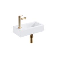 QeramiQ Fuente Fonteinset - 37.5x18.5x9cm - keramiek - kraangat links - fonteinkraan geborsteld messing - afvoerplug - verlaagd sifon - Mat wit SW1122450/SW696208/SW696218/SW696238