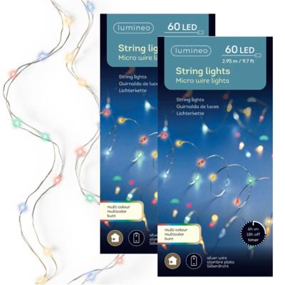 Lumineo draadverlichting - 2x - 60 led lampjes - gekleurd - 295 cm - lichtsnoer