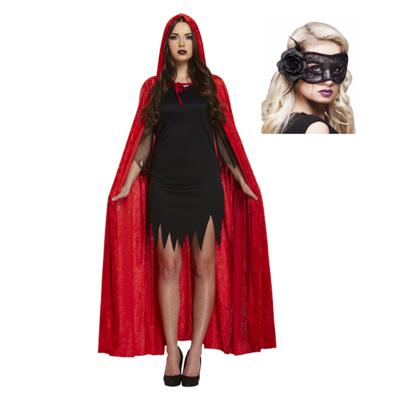 Carnaval gemaskerd bal verkleed set - Oogmasker zwart - Lange cape met capuchon rood - volwassenen