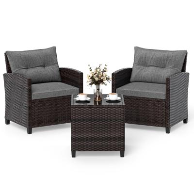 3-Delige Tuinset Rotan Bistroset met 2 Stoelen en 1 Tafel met Gehard Glazen Blad en Kussens Loungeset voor Balkon Tuin Grijs