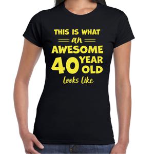 Verkleed T-shirt voor dames - leeftijd 40 jaar - awesome - zwart - glitter geel - Verjaardagsfeest