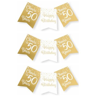 Verjaardag vlaggenlijn 50 jaar - 3x - binnen - karton - wit/goud - 600 cm Verjaardag vlaggenlijn 50 jaar - 3x - binnen - karton - wit/goud - 600 cm