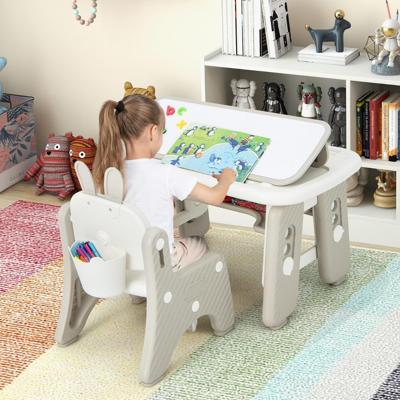 Kindertafel- en Stoelset Kunsttafel en Stoel Voor Peuters met Opklapbaar Boekenrek Grijs