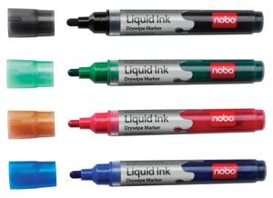 Nobo Witbordstift Geassorteerde kleuren: zwart, groen, rood en blauw, blister van 4 stuks