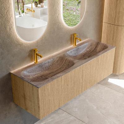Badmeubel Mondiaz Kurve-Dlux | 140 cm | Meubelkleur Oak | Wastafelkleur Oza | Solid surface | Wasbak beide zijden spoelbak | 2 kraangaten