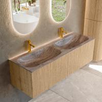 Badmeubel Mondiaz Kurve-Dlux | 140 cm | Meubelkleur Oak | Wastafelkleur Oza | Solid surface | Wasbak beide zijden spoelbak | 2 kraangaten