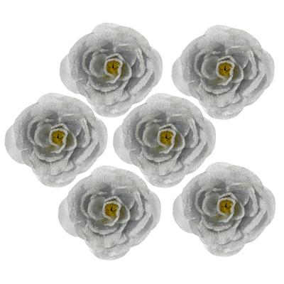 Kerstboomversiering Bloemen - 6x stuks - 12 cm - zilver glitter - op clip - ornament Kerstboomversiering Bloemen - 6x stuks - 12 cm - zilver glitter - op clip - ornament