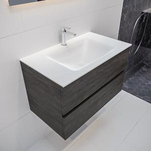 Mondiaz Vica Cloud badmeubel eiken donker bruin 80 cm 2 lades solid surface enkele spoelbak midden 1 kraangat