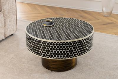 Ronde salontafel met beeninleg HARMONY NATURE 60 cm zwart witgouden inlegwerk - 45206