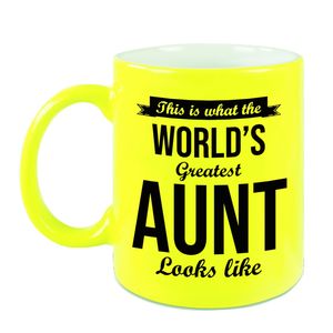 Worlds Greatest Aunt / tante cadeau mok / beker neon geel 330 ml   -