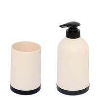 Badkamer accessoires setje beker en zeeppompje 15 cm beige/zwart - thumbnail