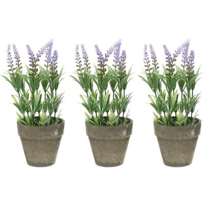 Bellatio Lavendel kunstplant - 3x - lila - 25 cm - in betonlook potje - Kunstplanten - nepplanten