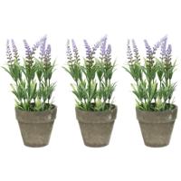 Bellatio Lavendel kunstplant - 3x - lila - 25 cm - in betonlook potje - Kunstplanten - nepplanten