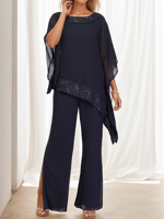 Women's Asymmetric Plain Daily Two-Piece Set Dark Blue Casual Summer Top With Pants