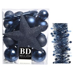 Kerstversiering kerstballen 5-6-8 cm met ster piek en sterren slingers pakket donkerblauw 35x stuks