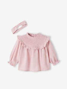 Babyblouse met smokwerk en bijpassende hoofdband lila