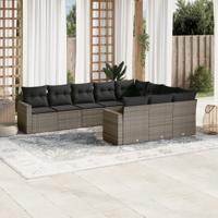 10-delige Loungeset met kussens poly rattan grijs