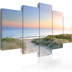 Schilderij - Noordzee, 5luik , beige blauw , wanddecoratie , premium print op canvas